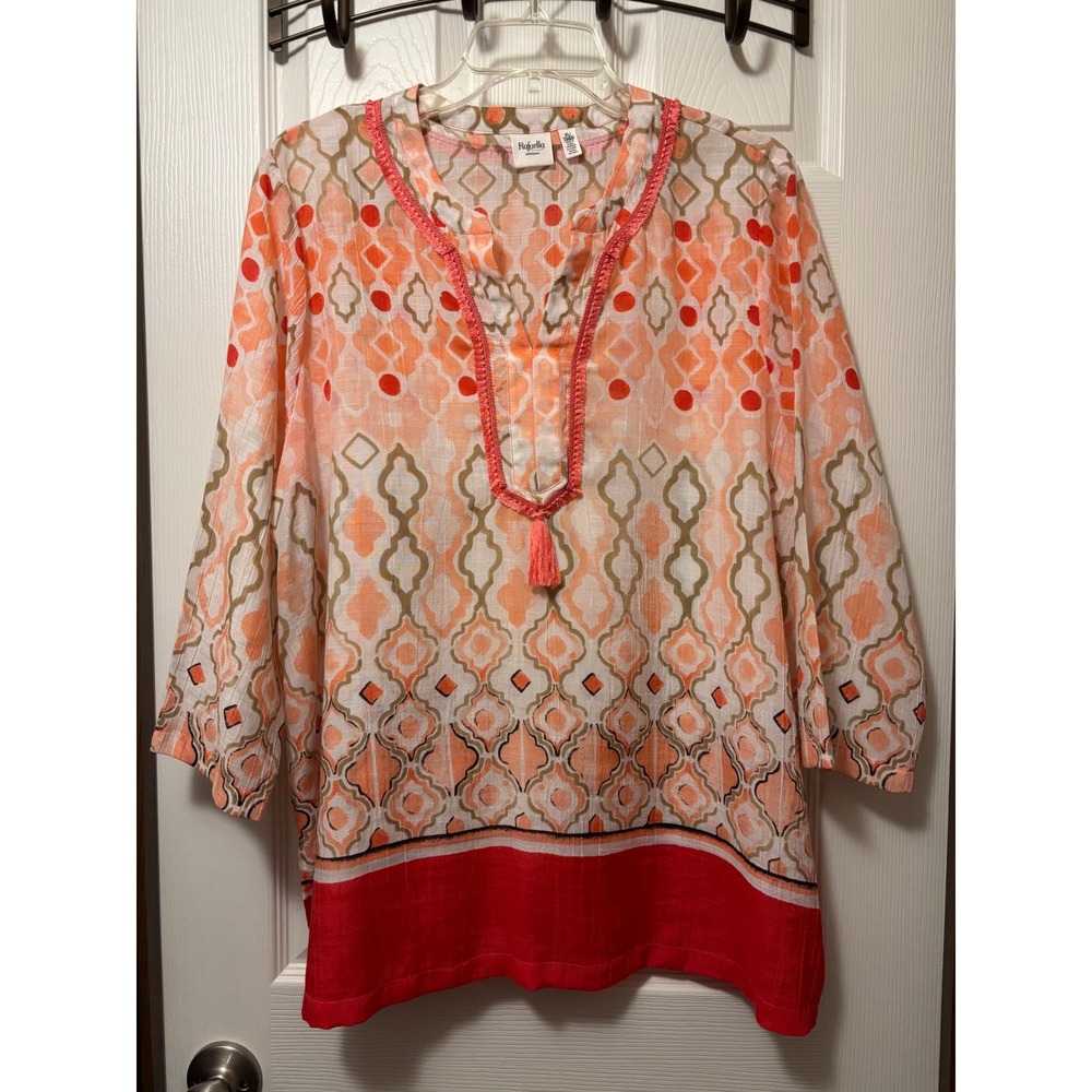 Rafaella Weekend Orange Geometric Tassel Tunic Top XL Womens 3/4 Sleeve Blouse